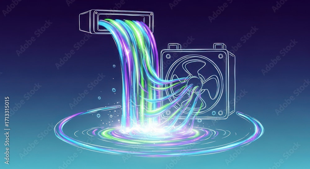 Poster stylized representation of a computer cooling system with vibrant and ethereal water flow effect