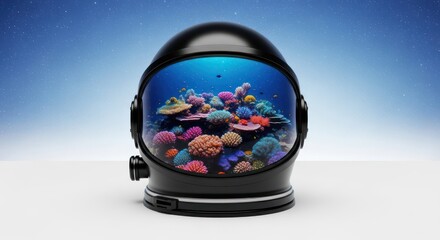 Surreal juxtaposition of an astronaut helmet filled with a vibrant coral reef ecosystem
