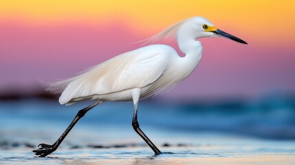 Elegant Snowy Egret Walking Along the Shoreline at Sunset