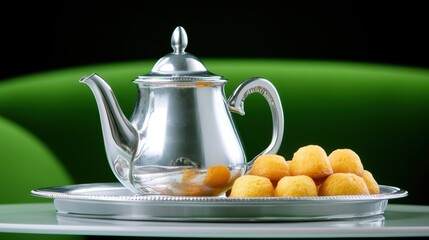 Silver Teapot with Sweet Treats on Decorative Tray Display