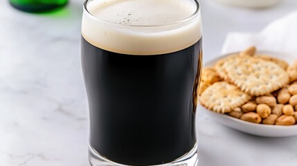 Dark Beer in Glass with Snacks on Table for Refreshing Evening
