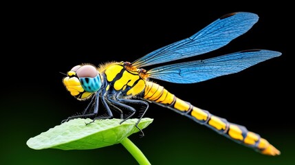 Vibrant Dragonfly Resting on Green Leaf with Black Background