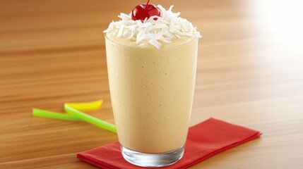 Creamy Coconut Milkshake Topped with Cherry and Shredded Coconut