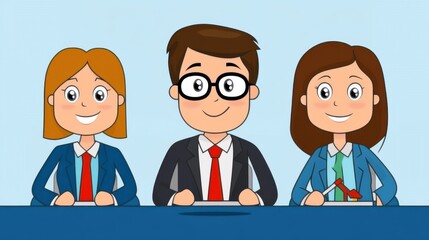 Happy Team of Cartoon Characters in Business Attire at Table