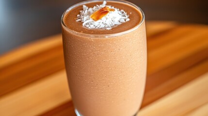 Creamy Chocolate Smoothie with Coconut Flakes and Almond Topping