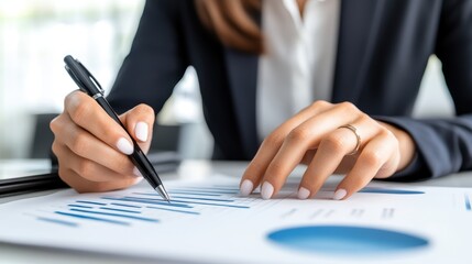 Businesswoman Analyzing Financial Reports with Pen and Paper