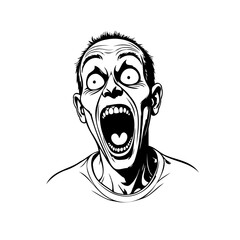 Expressive monochromatic illustration depicting a wide-eyed person screaming loudly with