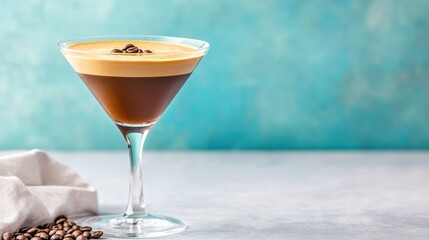 Elegant Coffee Cocktail with Creamy Foam and Coffee Beans on Table