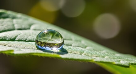 Macro shot of a luminous water droplet resting on a verdant leaf under sunlight