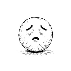 Expressive spherical character conveying melancholy through downcast eyes and furrowed brow in