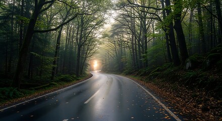 Obraz premium Empty winding road through a dense forest with sunlight breaking through the trees.