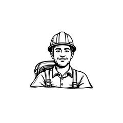 Friendly construction worker illustration with hardhat and backpack showcases a smiling