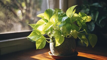 A vibrant potted plant with variegated green leaves sits on a wooden windowsill bathed in sunlight filtering through a mesh screen casting soft shadows - Powered by Adobe