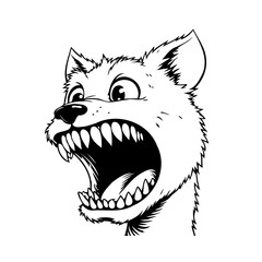 Furious cartoon wolf head with open mouth displaying sharp teeth in black and white monochrome