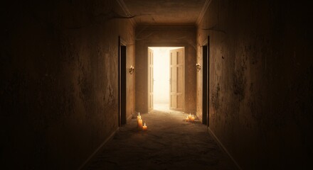 Obraz premium Hallway with Open Door and Candles