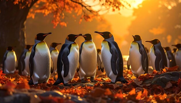A vibrant group of king penguins stands proudly amidst a bed of autumn leaves, bathed in the warm golden light of sunrise.