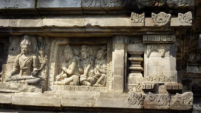Panning View of Carvings and Statues at Prambanan Temple, Yogyakarta Indonesia