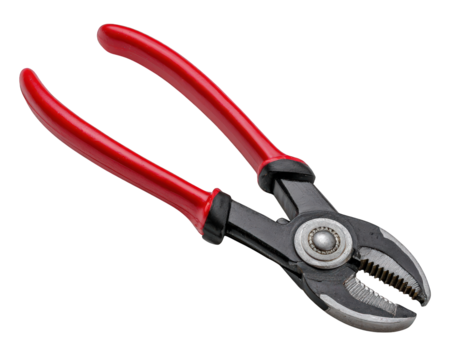Pair of heavy duty pliers with red handle for repair and work. This strong, isolated industrial tool used for gripping and plumbing on transparent background