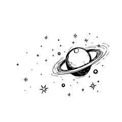 Hand drawn planet illustration with ring system surrounded by stars in cosmic space with celestial © Arum
