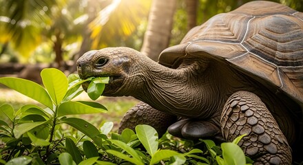 Giant Tortoise Eating Lush Green Leaves in Tropical Habitat.
