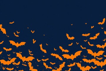 A swarm of orange bats flying across a dark blue night sky for a spooky halloween celebration