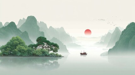 A tranquil Chinese landscape featuring mountains, a river, a boat, and a rising sun, with mist and lush trees adding to the serene atmosphere.