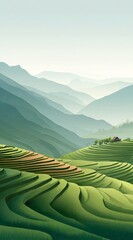 A picturesque scene of green terraced fields set against a backdrop of mountain ranges, showcasing natural beauty and rural charm.