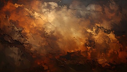 A rich, textured abstract painting displays deep earth tones, with dramatic brushstrokes and splatters, creating a powerful and evocative scene.