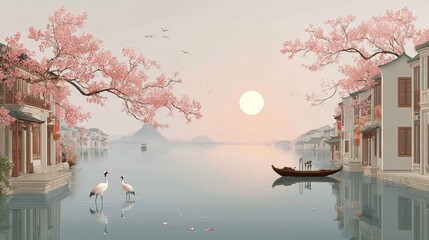 A peaceful traditional Chinese landscape with cherry blossoms, a river, boats, and cranes under a setting sun.