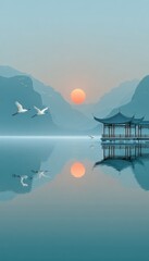 A serene landscape featuring a traditional pavilion by the water, with flying birds and a setting sun reflecting on the calm surface.