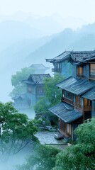 A misty scene features ancient buildings nestled among lush green trees, presenting a picturesque and serene traditional architectural landscape.