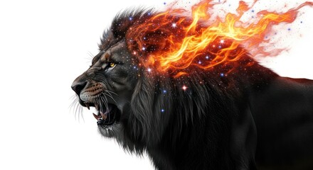 Naklejka premium Fiery mane: a digital illustration of a powerful lion with a cosmic flame aura