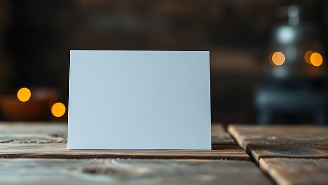 Blank greeting card resting on a rustic wooden surface with warm ambient light.