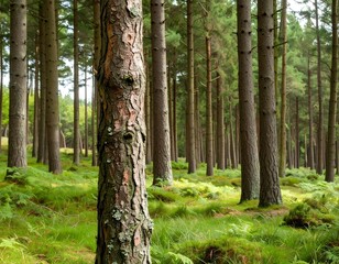 Dense pine forest, sunlight filtering through trees