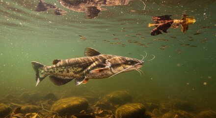Wild Freshwater Catfish Swimming Underwater in Natural River Habitat