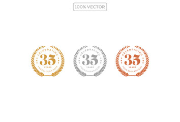 35 anniversary logo luxury circle emblem badge vector design isolated in gold silver brown colors illustration