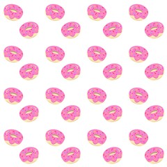 Donut seamless pattern. Strawberry donut background. Pink donut with glaze and sprinkle. Seamless Background for Bakery, Cafe, and Dessert Shop Designs