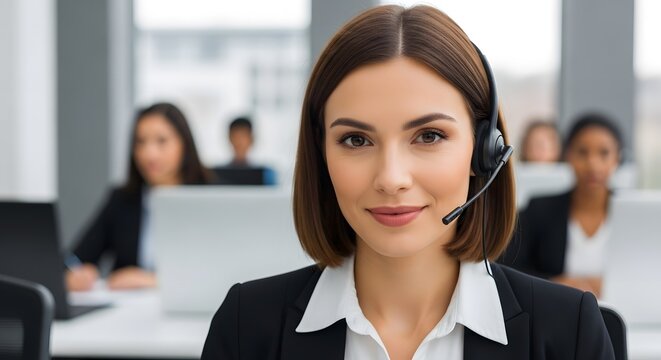 Friendly customer service representative in a modern call center, wearing a headset and smiling confidently while providing support in an office setting, ready to assist