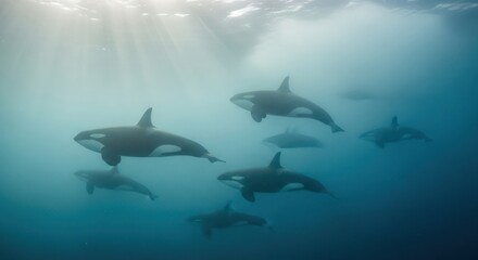 Fototapeta premium A pod of orcas glides serenely through sunlit waters, showcasing majestic marine life