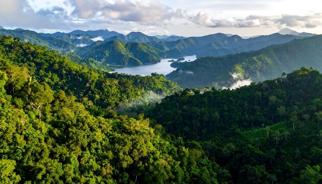 Lush green mountains and valleys meet a serene lake in a tranquil rainforest vista. - Powered by Adobe