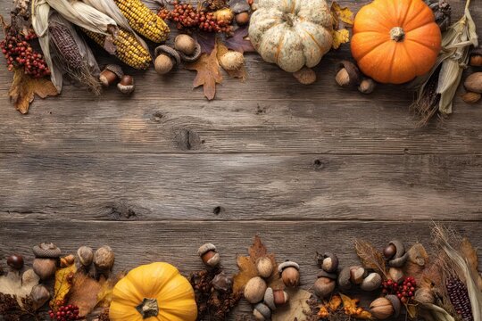 Rustic wooden table top decorated with a bountiful autumn harvest of pumpkins gourds acorns and colorful fall leaves