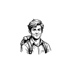 Line art portrayal of a smiling young hiker with backpack embodying adventure spirit outdoors