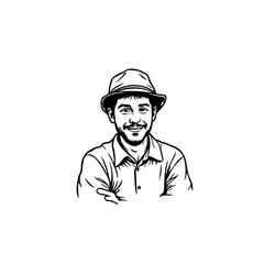 Linear artistry: Smiling man with hat and crossed arms in black and white illustration style