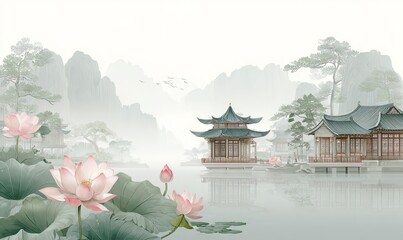 A traditional Chinese landscape painting featuring lotus flowers, pavilions, misty mountains, and serene water, showcasing peaceful and elegant scenery.