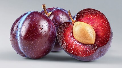 Three plums, two whole and one halved, are displayed against a neutral gray background.  The plums are a deep purplish-red with visible water 
