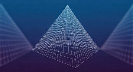 Digital blueprint pyramid with a blue background creates a futuristic and tech aesthetic