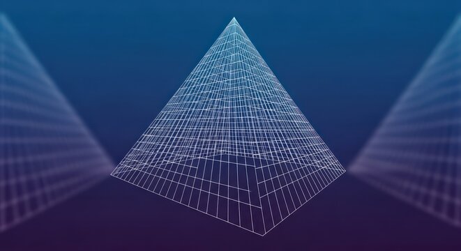Digital blueprint pyramid with a blue background creates a futuristic and tech aesthetic - Powered by Adobe