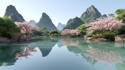 A picturesque landscape featuring clear water, blooming cherry blossoms, and majestic mountains with their reflections on the water.