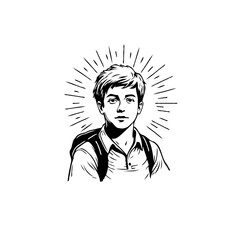 Monochrome depiction of a student with radiating lines evoking notions of innocence and academic