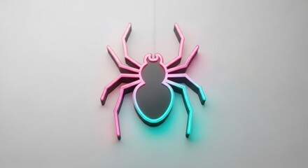 Abstract neon spider hanging, blending vibrant pink and turquoise hues against light gray backdrop